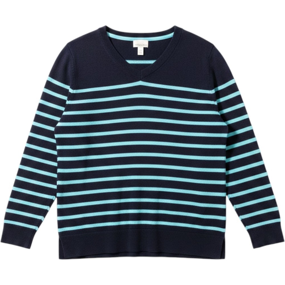 Croft & Barrow Striped‎ V-Neck Sweater Women 1X Navy Blue Pullover Nautical